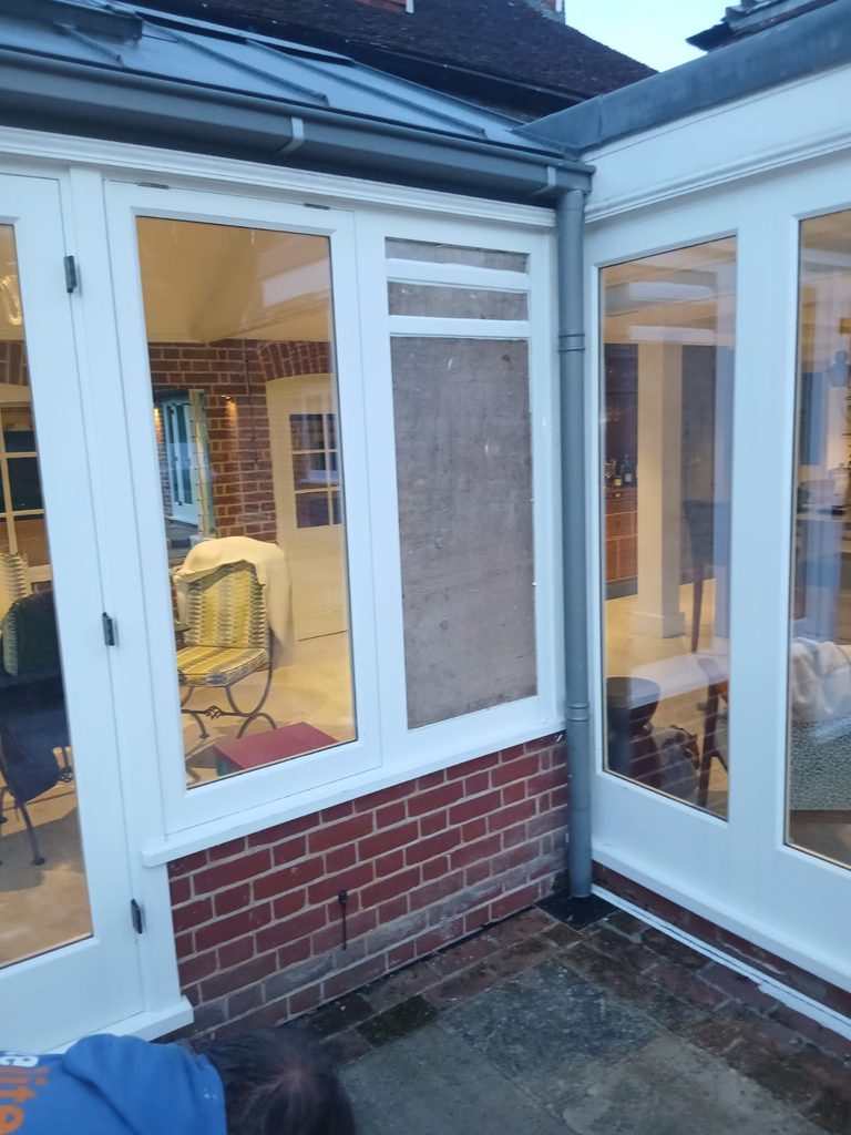 Boarded Up glass at Blackwater Medical Centre in Maldon before repair